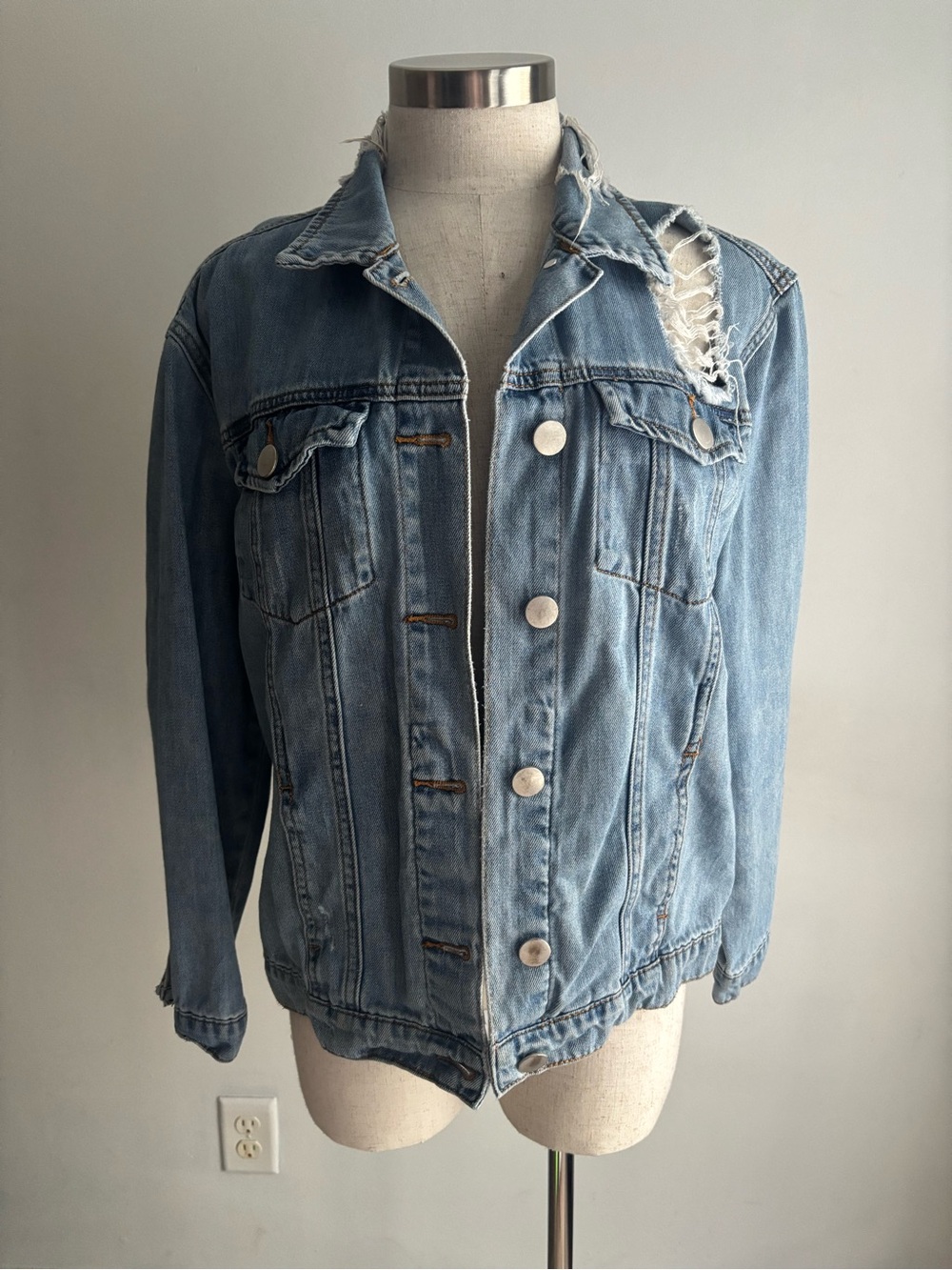 Distressed Light Blue Denim Jacket - Women's 100% cotton